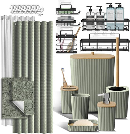 Clara Clark Bathroom Accessories Set - 27PC Bathroom Set with Adhesive Corner Shower Caddy Hanging, Bathroom Sets with Shower Curtain and Rugs, Sage Green Shower Curtain Set with Bathroom Trash Can | 27 Piece Sage Green Bathroom Sets with Shower Curtai...