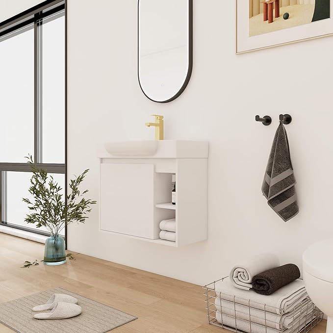 28" Wall-Mounted Bathroom Vanity with Ceramic Sink, 28 inch Floating Single Sink Vanity Cabinet Modern Brown 1-Door Design with Storage Shelf (Space-Saving for Small Bathrooms), White