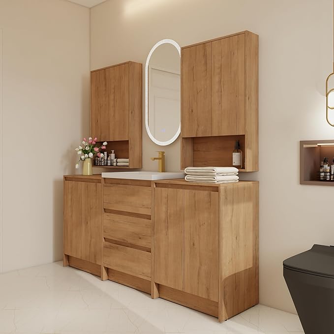 72" Bathroom Vanity Set, 72 Inch Modern Freestanding Vanity with 3 Drawers and 2 Wall-Mounted Side Cabinet, Soft Closing Doors, Single Resin Sink Floor Stand Cabinet Set Imitative Oak