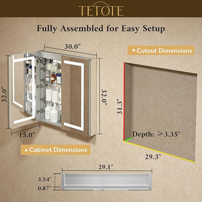 30 x 32 Lighted Medicine Cabinet Mirror for Bathroom with LED Lights, 2 Door Tempered Glass Recessed or Surface Mount Mirrored Cabinet, Outlets & USB, 3-Color Dimming, Defog, Adjustable Shelf