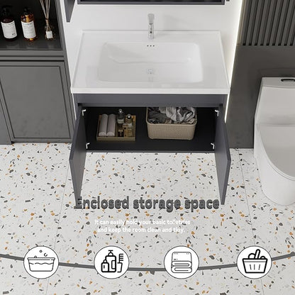 32'' Bathroom Vanity with Ceramic Sink Combo, Wall Mounted Small Bathroom Vanity with Soft-Close Door Modern Floating Cabinet, Pop-up Drain, P-Trap Included, Gray(No Faucet)