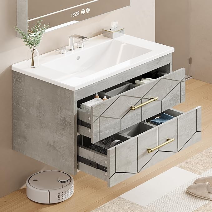 Garvee 30" Bathroom Vanity with Sink, Floating Bathroom Vanity with Ceramic Basin, 2 Large Storage Drawers with Gold Metal Handle, Modern Wall Mounted Bathroom Cabinet with Sink, Grey