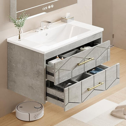 IDEALHOUSE Floating Bathroom Vanity with Sink 30 inch, Modern Bathroom Sink Cabinet, Ceramic Vanity Top, 2 Large Storage Drawers with Gold Metal Handle, Easy to Assembly, Grey