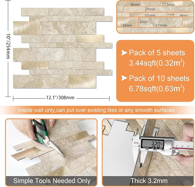 VAOVI Peel and Stick Tile Stone Backsplash for Kitchen Wall(10pcs,Beige)