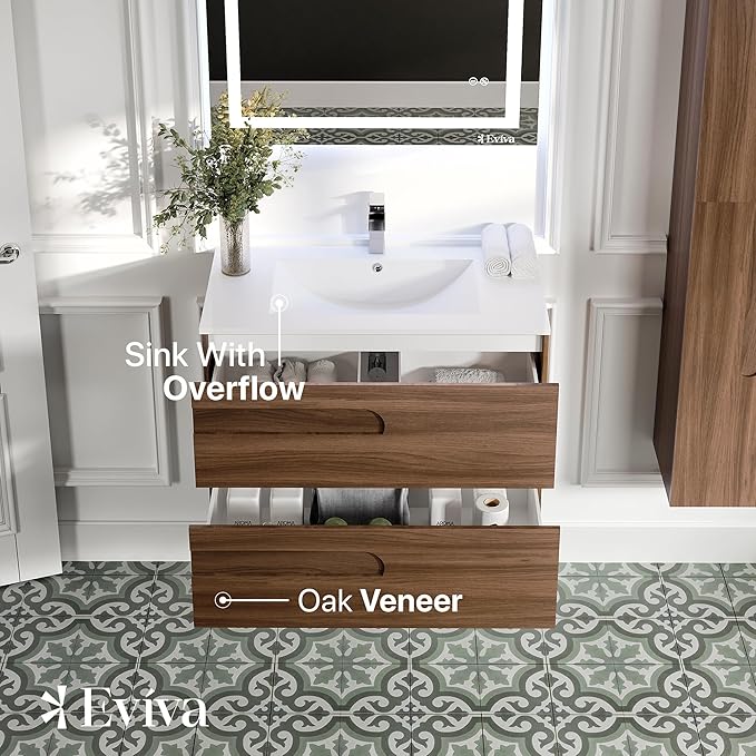 Eviva Joy 32 in. Rosewood Wall MountSingle Sink Bath Vanity with Porcelain Top and Integrated Sink