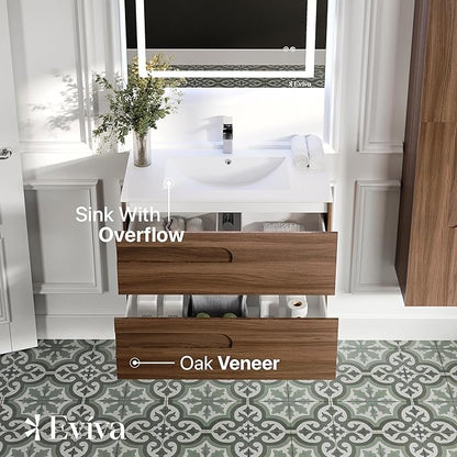 Eviva Joy 32 in. Rosewood Wall MountSingle Sink Bath Vanity with Porcelain Top and Integrated Sink