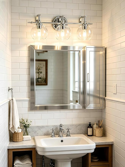 Chrome Vanity Light, 3-Light Polished Silver Bathroom Light Fixture Over Mirror, Modern Wall Sconce with Clear Glass Shade, Industrial Wall Lighting for Living Room, Bedroom, Hallway, 22.3"