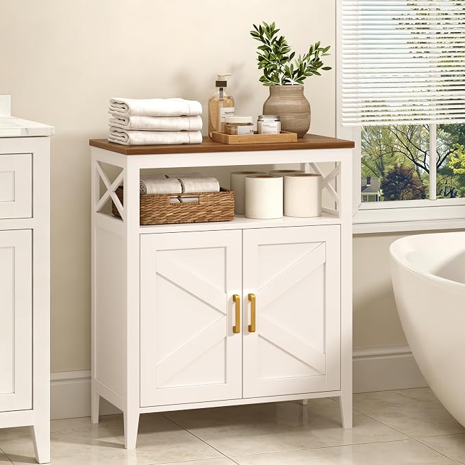 Bathroom Storage Cabinet with Doors, Adjustable Shelf, Wood Top | Adjustable Shelf