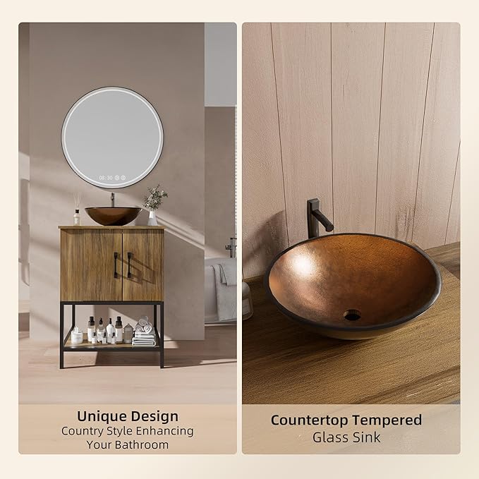 VNN Small Bathroom Vanity with Sink - 24 Inch Vanity with Sink, Freestanding Cabinet with Open Shelf, Modern Iron Wood Bathroom Cabinet with Countertop Tempered Glass Vessel, Oak