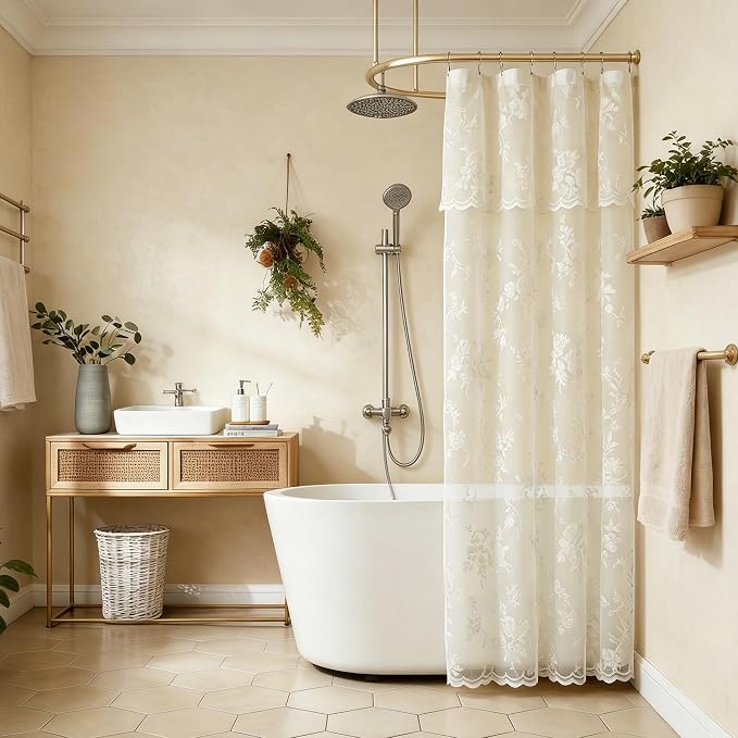 Ivory Lace Shower Curtain for Bathroom Romantic Floral Shower Curtain with Attached Valance Romantic Cream Luxury Lace, Vintage Shabby Chic Bath Curtains for Master Bath Apartment Women, 1 Panel 36x72