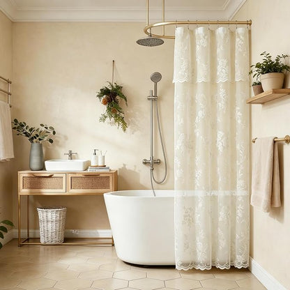 Ivory Lace Shower Curtain for Bathroom Romantic Floral Shower Curtain with Attached Valance Romantic Cream Luxury Lace, Vintage Shabby Chic Bath Curtains for Master Bath Apartment Women, 1 Panel 36x72