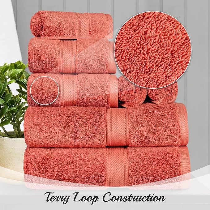 SUPERIOR Egyptian Cotton Ultra Plush & Absorbent, 8 Piece Set, Coral | Quick Dry, Soft Luxury Towel Set, Bath Essentials, Guest Bath, Spa, 2 Bath, 2 Hand, 4 Face Towels, Madeline Towels