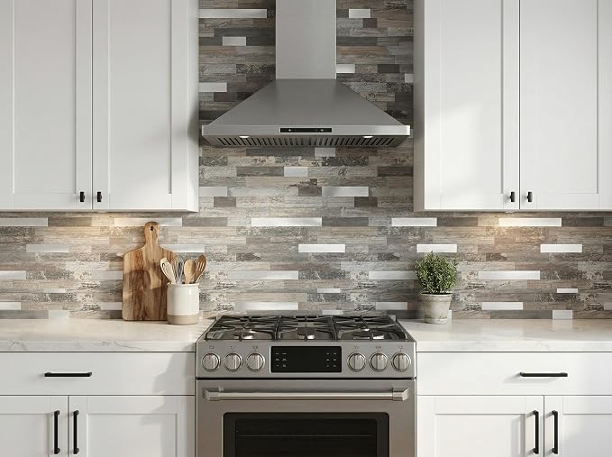 5 - Sheets Peel and Stick Wood Metal Tile Backsplash, Stick on Tiles for Backsplash Kitchen, Bathroom, Laundry Room, Camper, Fireplace (12'' X 12'', Light Wood)