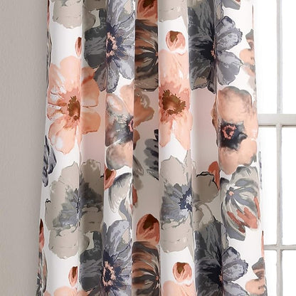 Lush Decor Leah Light Filtering Window Curtain Panels, Pair, 52" W x 84" L, Coral & Gray - Floral Drapes for Bedroom - Coral Curtains - Farmhouse Decor