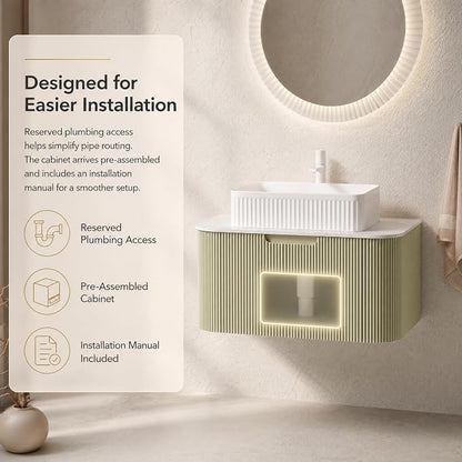 30 Inch Bathroom Vanity with Sink, Floating Wall Mounted Single Sink Vanity, Sage Green Curved Fluted Front, Stone Top, White Textured Rectangular Vessel Basin, Pre-Assembled