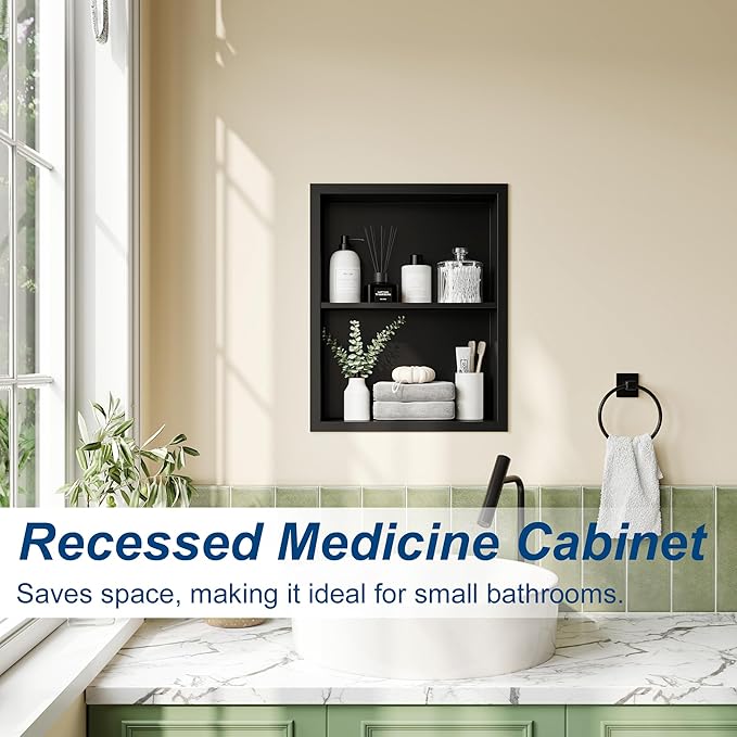 14x18 Medicine Cabinet Recessed, Medicine Cabinet Without Mirror, 304 Stainless Steel Medicine Wall Niche with Double Shelves, Matte Black