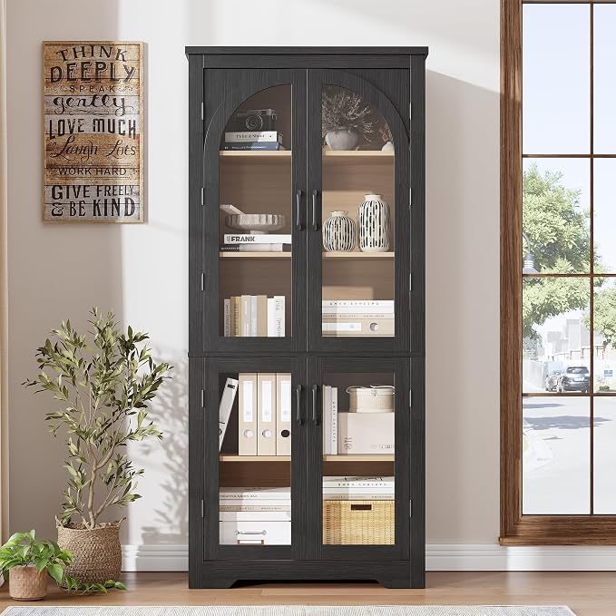 Garvee 70" Tall Kitchen Pantry Cabinet - Modern Display Cabinet with 4 Arched Glass Doors and Adjustable Shelves, Versatile Cupboard Organizers for Kitchen, Dining Room, Living Room, Bathroom, Black