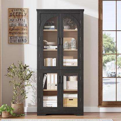 Garvee 70" Tall Kitchen Pantry Cabinet - Modern Display Cabinet with 4 Arched Glass Doors and Adjustable Shelves, Versatile Cupboard Organizers for Kitchen, Dining Room, Living Room, Bathroom, Black
