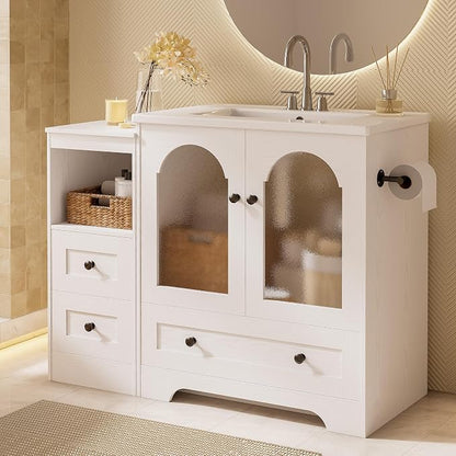 IRONCK 42 Inch Bathroom Vanity with Sink Set, Reversible Design, White | Modern Bathroom Storage Cabinet with 3 Drawers, 2 Visual Soft Close Doors, Open Cubby, Towel Holder