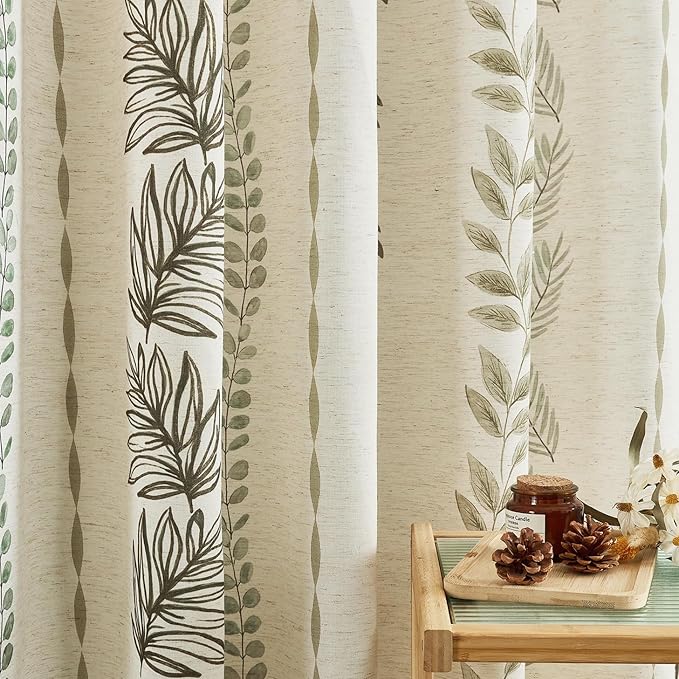 ORTIGIA Linen Striped Shower Curtain 72x84 Inch Extra Long with Metal Hooks,Sage Green Leaf Botanical Waterproof Natural Linen Bath Curtain for Rustic Farmhouse Bathroom Decor