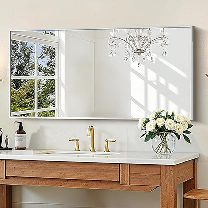 KOCUUY Silver Bathroom Mirror, 48"x24" Rectangle Bathroom Mirror for Wall, HD Tempered Glass, Anti-Rust Brushed Silver Frame, Modern Design for Bathroom, Bedroom, Living Room, Entryway.