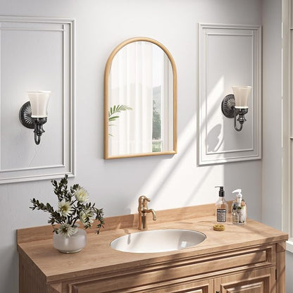 20"x30" Arch Wall Mirror for Wall, Wall Mounted Vanity Mirror for Bedroom, Wood Grain Finish Frame Mirror with Tempered Glass, Vintage Decorative for Bathroom, Entryway, Living Room, Natural