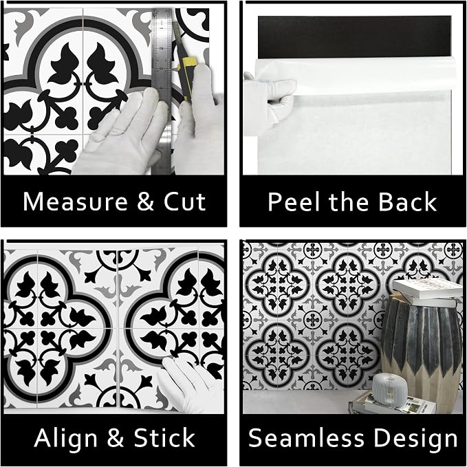 The Tiles Plaza Encaustic Peel and Stick Backsplash, Grey and White Patterned Vintage Stick on Tiles, Stone Composite Self-Adhesive Wall Tile Sticker for Kitchen Bathroom Fireplace Stairs, 10 Sheets
