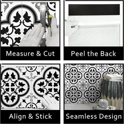 The Tiles Plaza Encaustic Peel and Stick Backsplash, Grey and White Patterned Vintage Stick on Tiles, Stone Composite Self-Adhesive Wall Tile Sticker for Kitchen Bathroom Fireplace Stairs, 10 Sheets