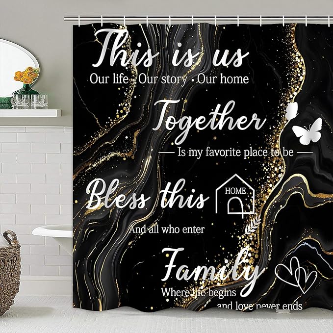 AZHM Family Shower Curtain Set Black Home Bathroom Set with Shower Curtain and Rugs and Accessories Marble Background Bathroom Decor with 12 Hooks