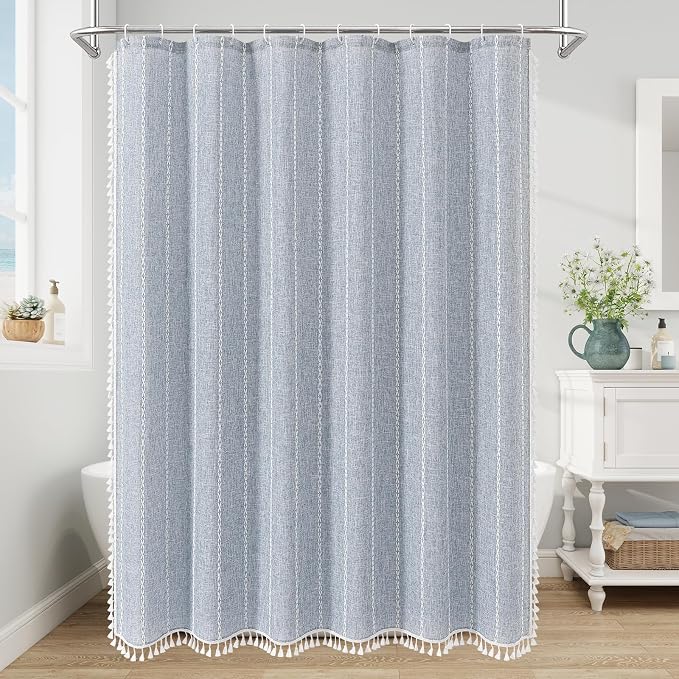 Boho Farmhouse Tassel Linen Shower Curtain,3D Embroidery Stripe Blue,36x72 | Small Stall Half Size,310GSM Linen Texture Heavy Duty Cloth,Water Repellent,Wrinkle Resistant,Vintage Rustic Country design