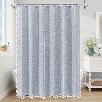 Boho Farmhouse Tassel Linen Shower Curtain,3D Embroidery Stripe Blue,36x72 | Small Stall Half Size,310GSM Linen Texture Heavy Duty Cloth,Water Repellent,Wrinkle Resistant,Vintage Rustic Country design