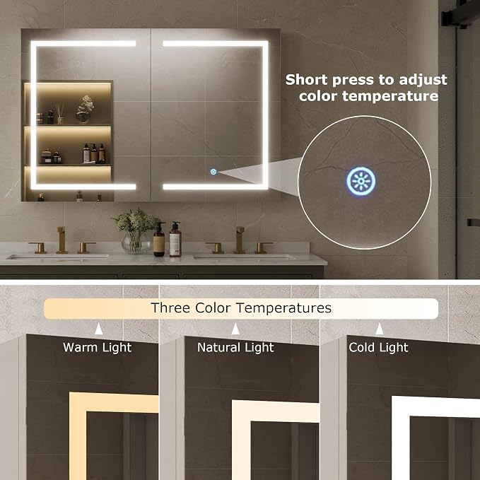 DeerValley Led Lighted Medicine Cabinet with Mirror, 48" W x 32" H | Mirrored Medicine Cabinet with Lights for Bathroom with Defogger & Dimmable 3-Color, DV-1VM0186
