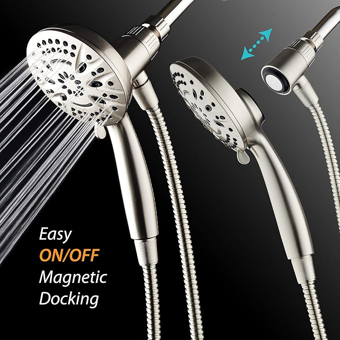 AquaDance New Magnetic Docking 8-setting High Pressure Handheld Shower Head | Space-age Magnetic Guidance Bracket System, Giant 5-inch Face, Extra-long 72-inch Stainless Steel Hose - Nickel