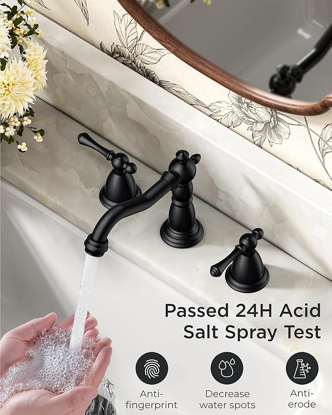 FORIOUS Matte Black Bathroom Faucets 3 Hole, Widespread Bathoom Sink Faucet Dual Handle with Pop-Up Drain and Water Supplies for Commercial Vanity Lavatory Restroom Farmhouse