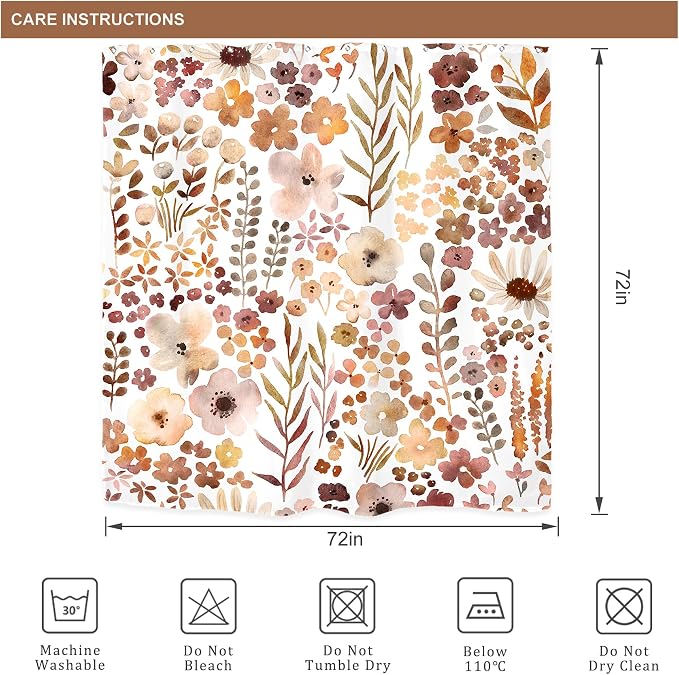 Fall Autumn Cute Floral Flower Nature Rustic Bathroom Shower Curtain Set | 72"W x 72"H Watercolor Botanical; waterproof HD print, quick-dry fabric with 12 hooks for easy hanging.