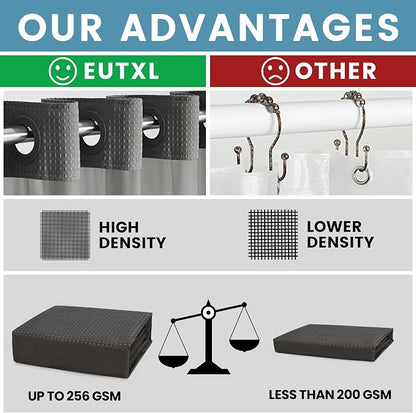 EUTXL Heavyweight Charcoal Grey Stall No Hook Shower Curtain with Snap in Liner,256GSM Waffle Weave Shower Curtains for Bathroom,54W x 80H