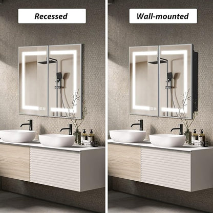 APRILSOUL 40x32 Inch Lighted Bathroom Medicine Cabinet with Mirror, Silver Recessed or Surface Mount Medicine Cabinet Mirror with Storage and LED Lights, 3 Colors Temperature, Dimmable Light