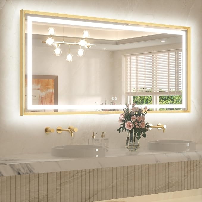 60 x 30 Large Bathroom Mirror Brushed Gold Metal Frame Frontlit & Backlit Vanity Mirror 3 Colors White/Warm/Natural Stepless Dimmable Anti-Fog Bathroom Mirrors for Vanity Wall-Mounted