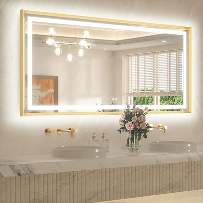 60 x 30 Large Bathroom Mirror Brushed Gold Metal Frame Frontlit & Backlit Vanity Mirror 3 Colors White/Warm/Natural Stepless Dimmable Anti-Fog Bathroom Mirrors for Vanity Wall-Mounted