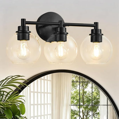 Bathroom Light Fixtures, Vanity Lights for Bathroom 3-Light Black, Bathroom Lighting Fixtures Over Mirror with Clear Glass Globe Shade, Bathroom Vanity Light for Living Room Kitchen Bedroom Hallway