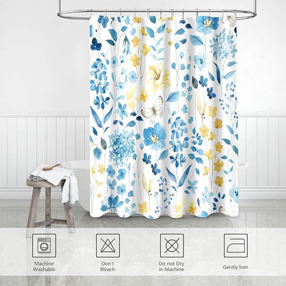 Extra Long Shower Curtain 72 x 96 Inch, Floor to Ceiling X-Long Blue Yellow Floral Shower Curtains, Watercolor Flower Butterfly Fabric Shower Curtain Set with Hooks
