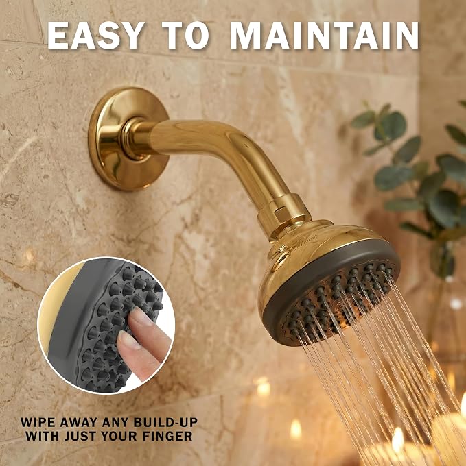 Aqua Elegante Pressure Boosting Shower Head - 2.5 GPM - Polished Brass | 3 Inch Wall Mount, Water Saving Showerhead, Best For Low Flow Showers With Anti-Clog Nozzles & Adjustable Brass Fitting
