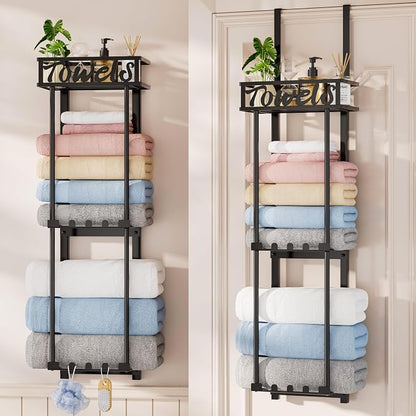 HapiRm Towel Rack Bathroom Storage - 3 Tier Over The Door & Wall Mounted Rolled Towel Racks Holder Organizer with Metal Shelf and 6 Hooks for Small Bathroom, Camper, Rv - Black (for 1.77 in Doors)