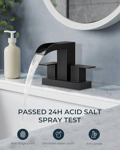 FORIOUS Square Black Bathroom Faucets for 2 Hole or 3 Hole, Waterfall 4 Inch Centerset Bathroom Sink Faucet with Metal Pop-up Drain and Supply Lines, Two Handles for Vanity, Laundry Room, Basin