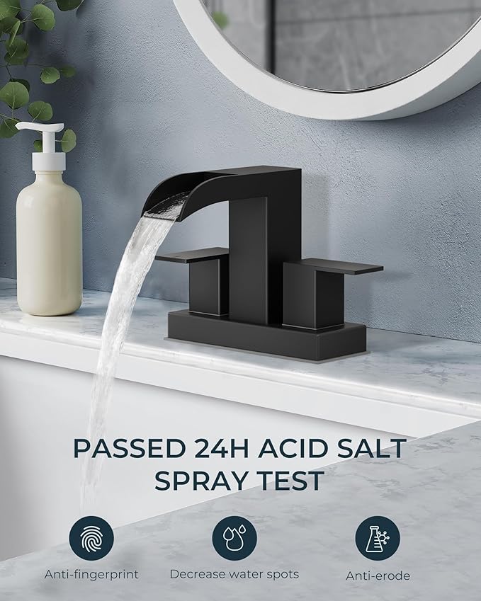 FORIOUS Square Black Bathroom Faucets for 2 Hole or 3 Hole, Waterfall 4 Inch Centerset Bathroom Sink Faucet with Metal Pop-up Drain and Supply Lines, Two Handles for Vanity, Laundry Room, 2 Pack