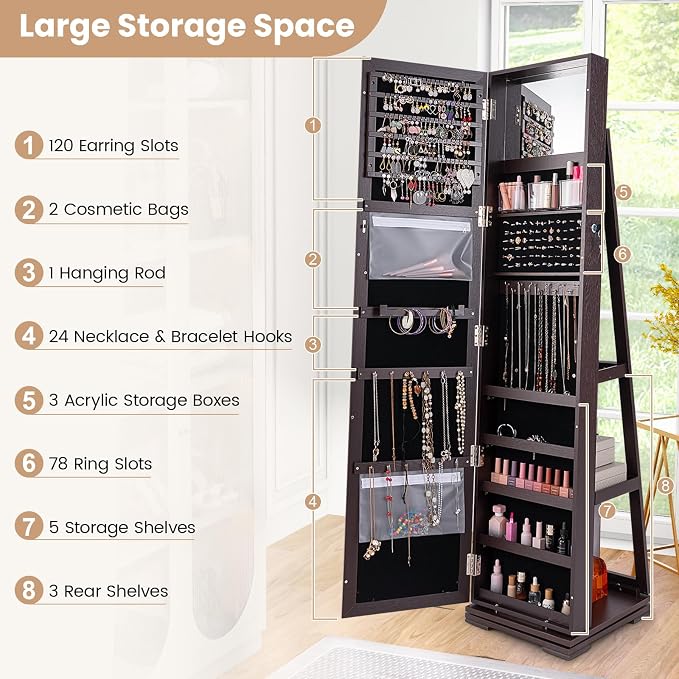 GOFLAME 360° Rotating Jewelry Armoire, Lockable Jewelry Cabinet with Full-Length Mirror & Inner Makeup Mirror, Standing Jewelry Storage Organizer with Rear Storage Shelves, Espresso