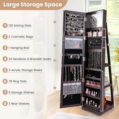 GOFLAME 360° Rotating Jewelry Armoire, Lockable Jewelry Cabinet with Full-Length Mirror & Inner Makeup Mirror, Standing Jewelry Storage Organizer with Rear Storage Shelves, Espresso