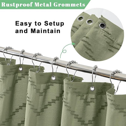 Extra Long Light Green Boho Shower Curtain, Chic Tufted Chevron Striped Textured Fabric Cloth Shower Curtains with Tassel for Bathroom, Soft Hotel Style Farmhouse, Machine Washable, 72x84