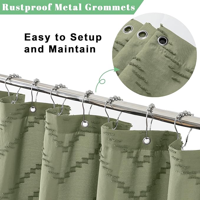Boho Shower Curtain, Light Green Fabric Cloth Shower Curtains Farmhouse Tufted Chevron Striped Textured with Tassel for Bathroom, Soft Hotel Style Modern Minimalist, Machine Washable, 72x72