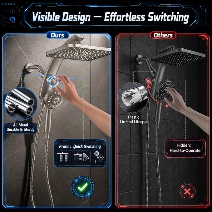 Veken 12" Rain Shower Head with Handheld,High Pressure Power Wash,Magnetic | Starlight,Dual Shower Heads Combo,8-Mode Hand Held Spray with Hose,Double Detachable Rainfall Showerhead,Bathroom Accessories